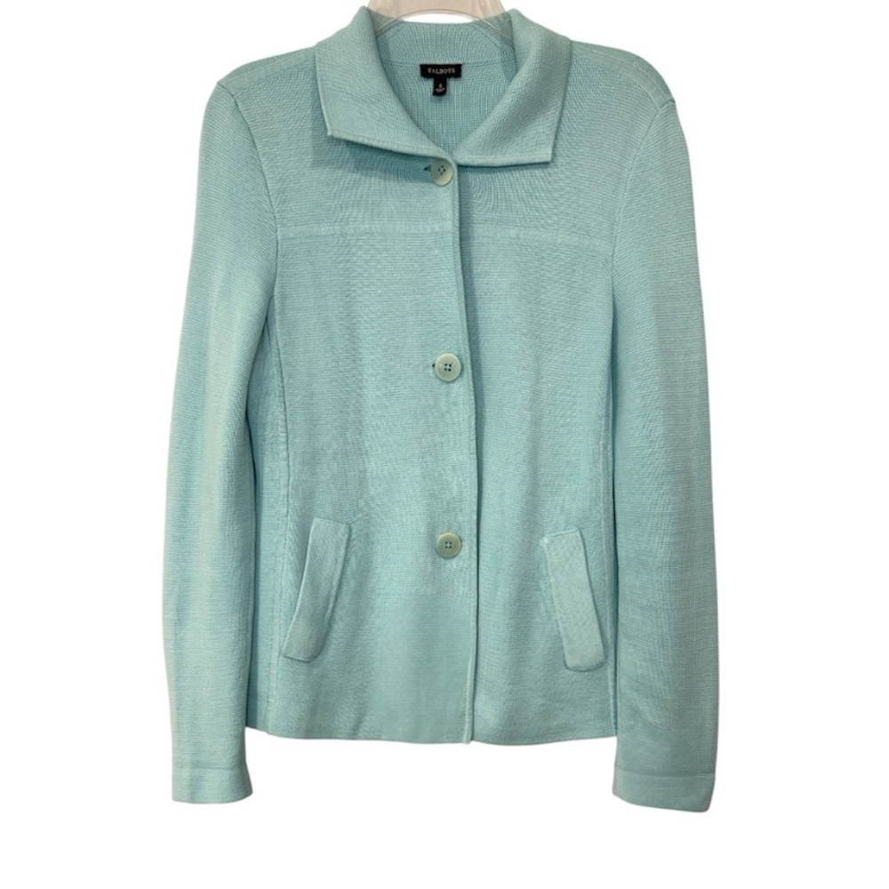 Talbots Cardigan Jacket Blazer Coastal Knit Cotton Blend Light Blue Size Small